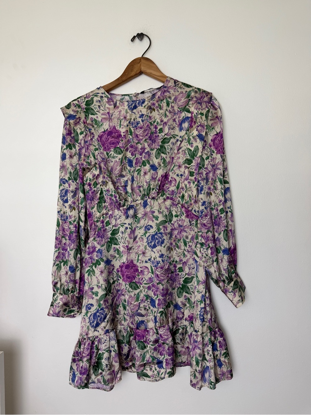 Zara Ruffle Hem Long Sleeve Dress - Purple/Green Floral